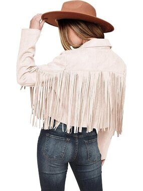 Women's Beige White Polyester Blend Spring Tassel Motorcycle Cropped Jacket